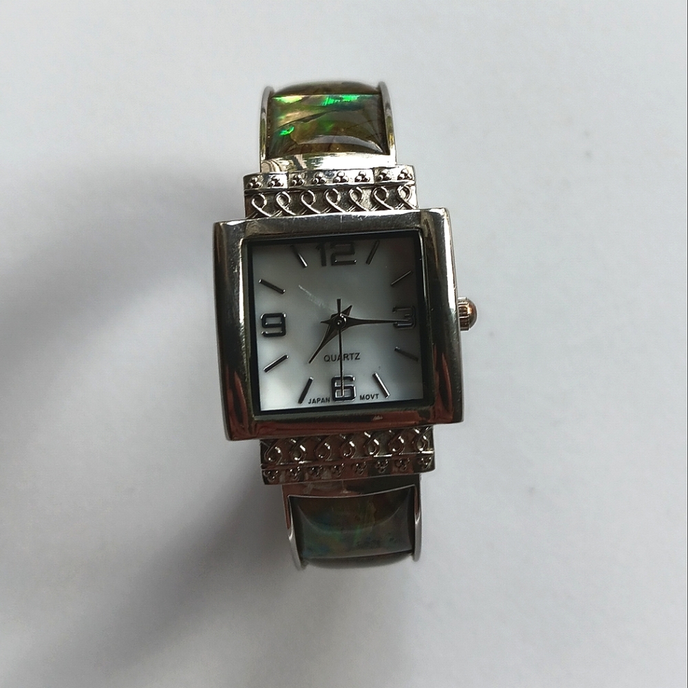 Accutime Watch Corp Cuff Analog Bracelet Watch Silver Green Iridescent Square
